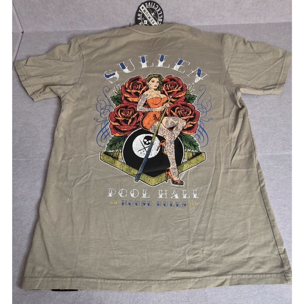 SULLEN Art Collective House Rules Pool Hall Tee Tan Small Tattoo Pin Up NWT
